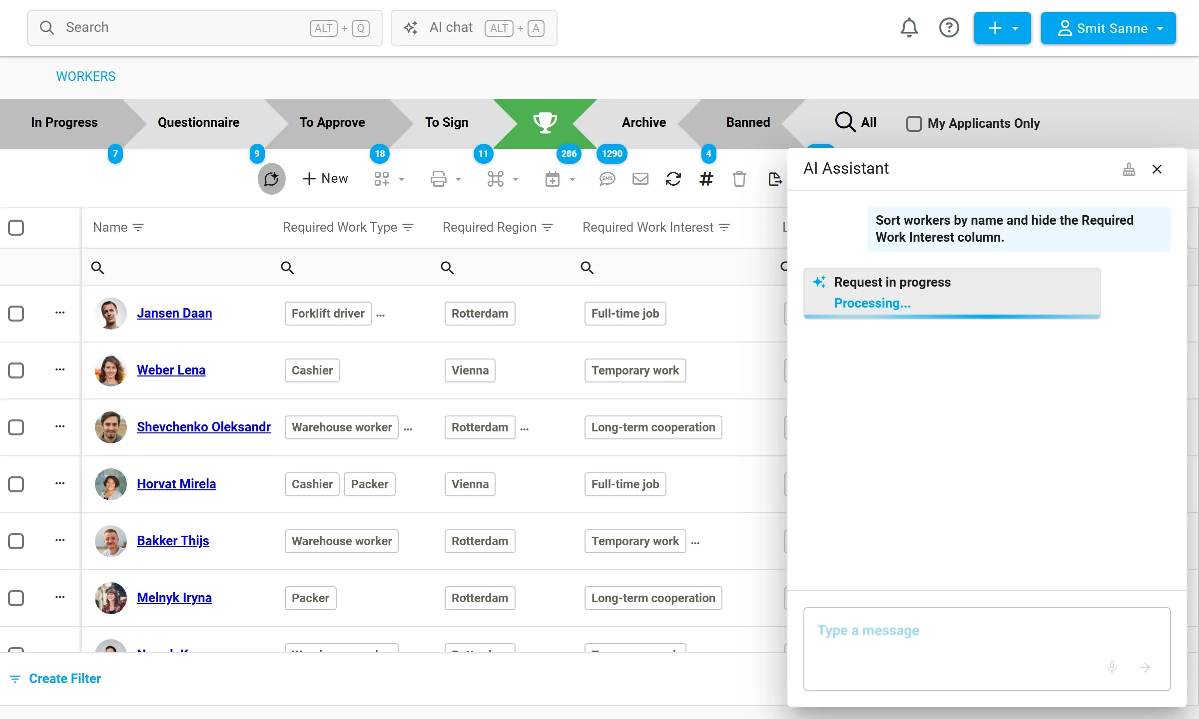 The AI assistant in the worker overview processes a request to sort and hide a column
