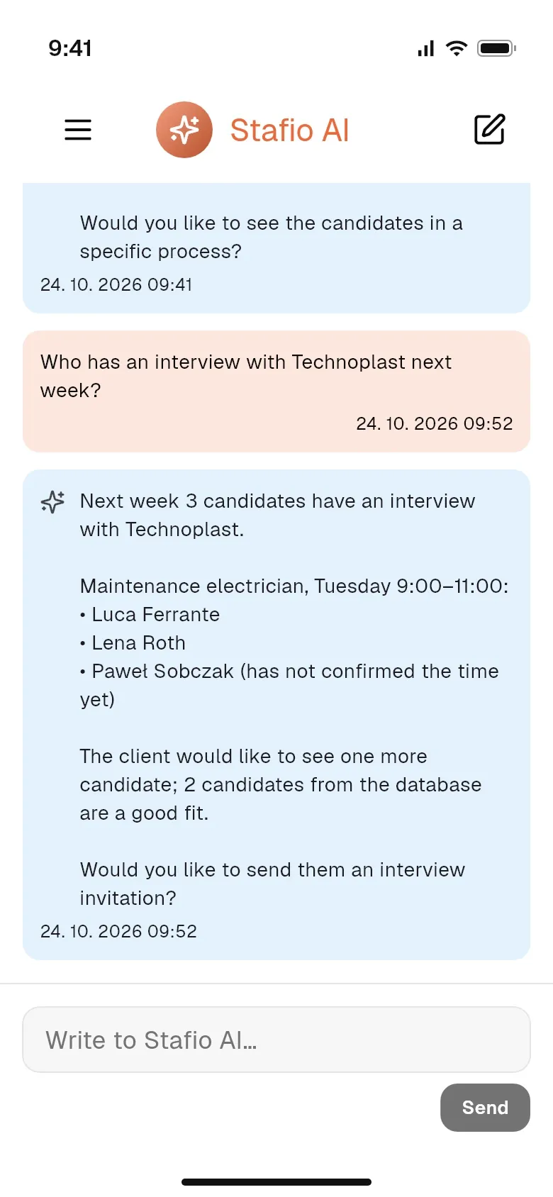 Stafio AI searching candidates in the mobile app