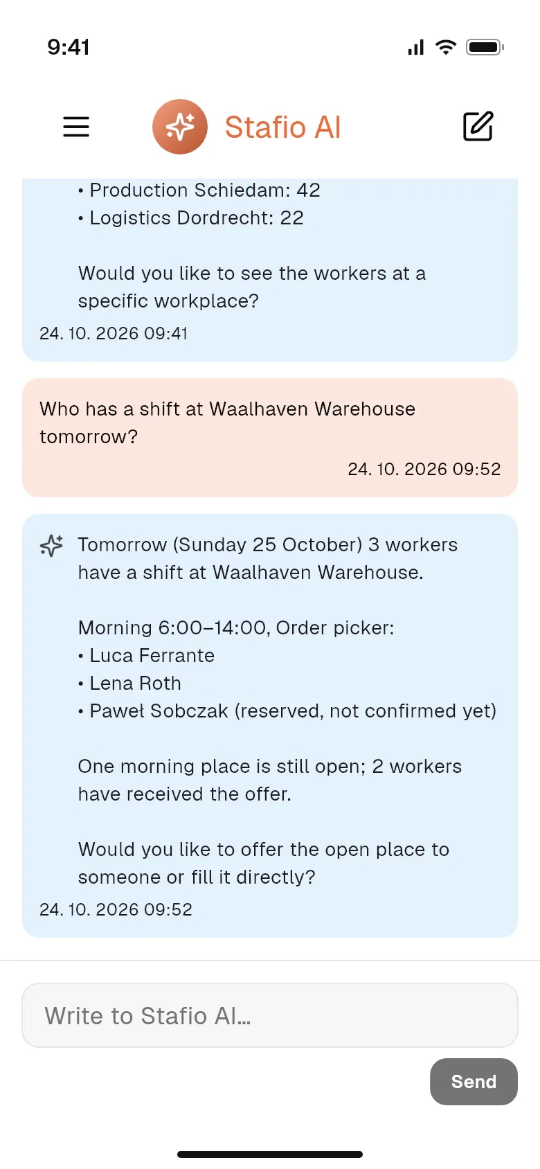 Stafio AI in the mobile app: who has a shift in the warehouse tomorrow and one open place
