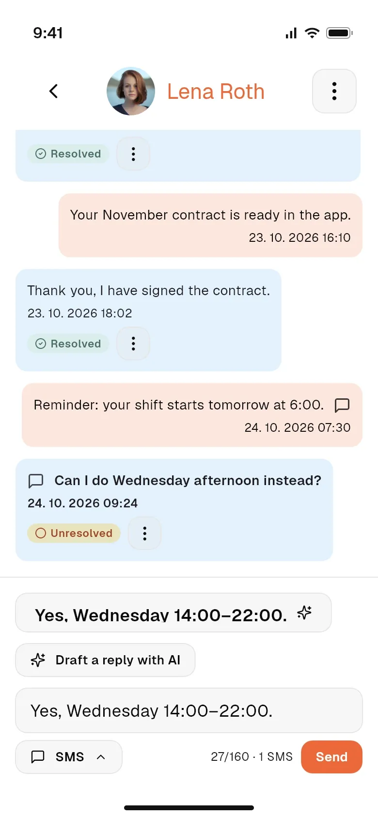A message to a worker with a channel choice and an AI reply suggestion
