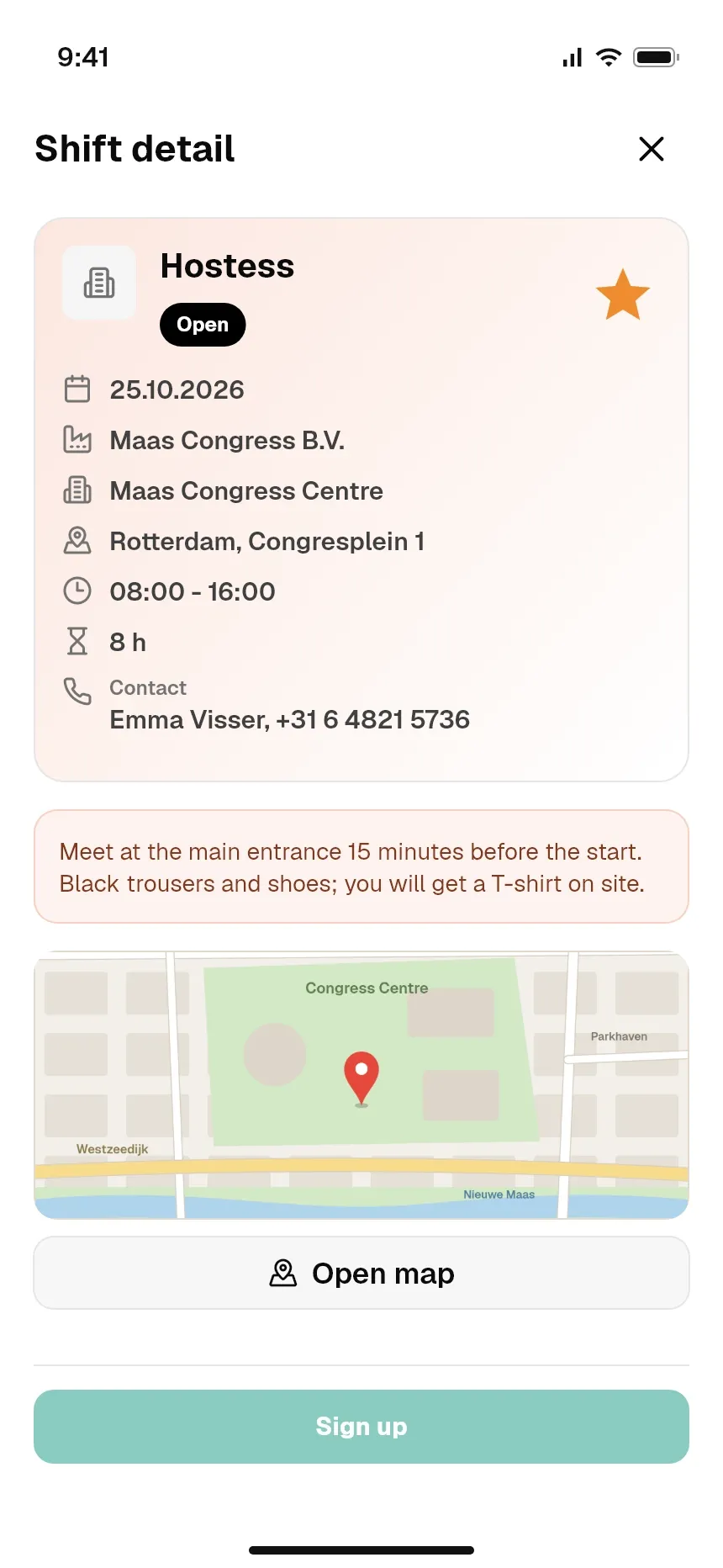 Shift detail with place, time, instructions and a Sign up button