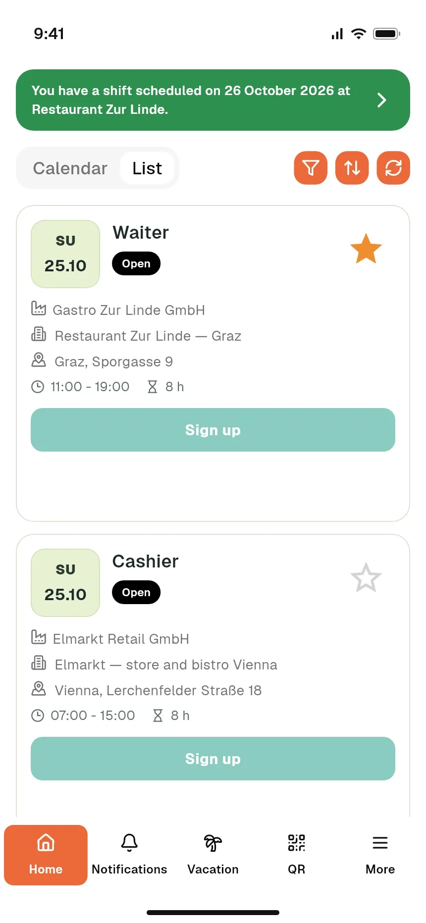Open shifts in the staff mobile app
