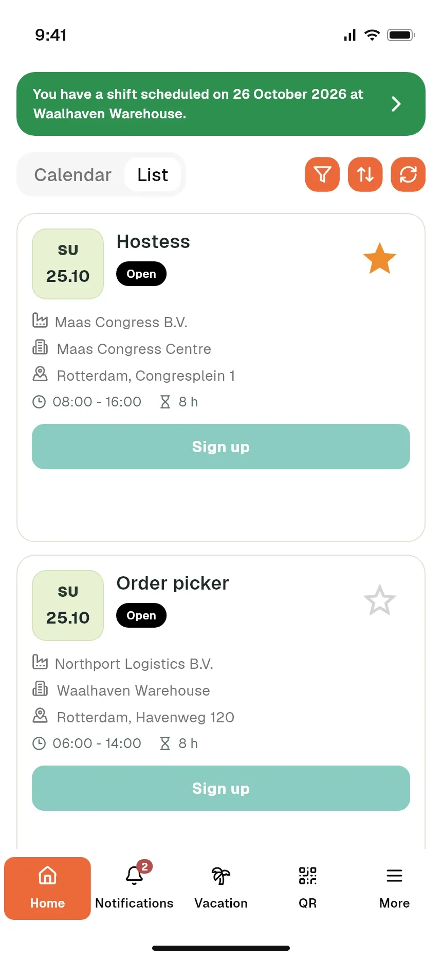 Open shifts in the worker mobile app with a Sign up button