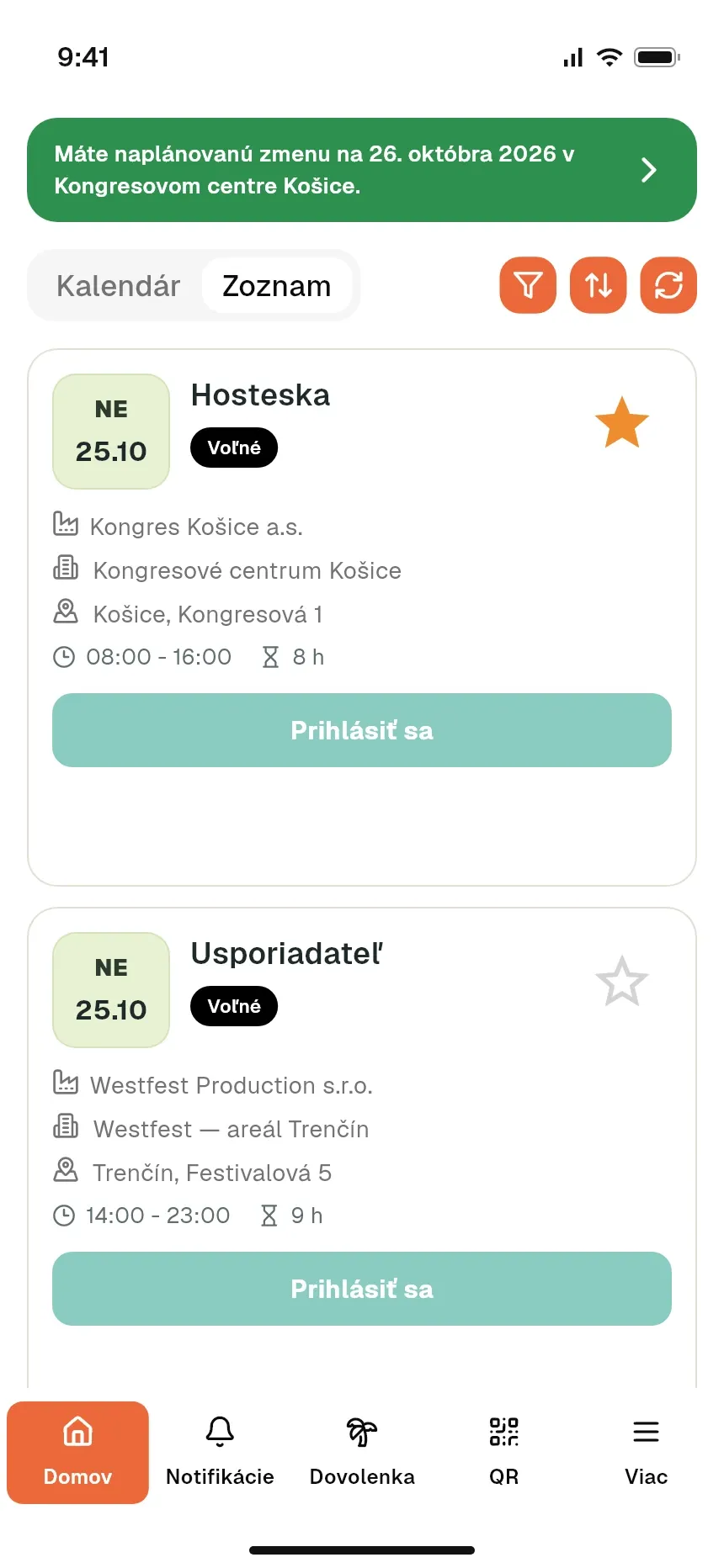 Voľné zmeny na akciách v mobilnej aplikácii pracovníka