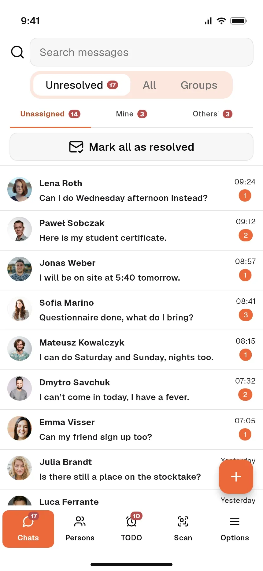 Overview of chats with workers in the coordinator mobile app