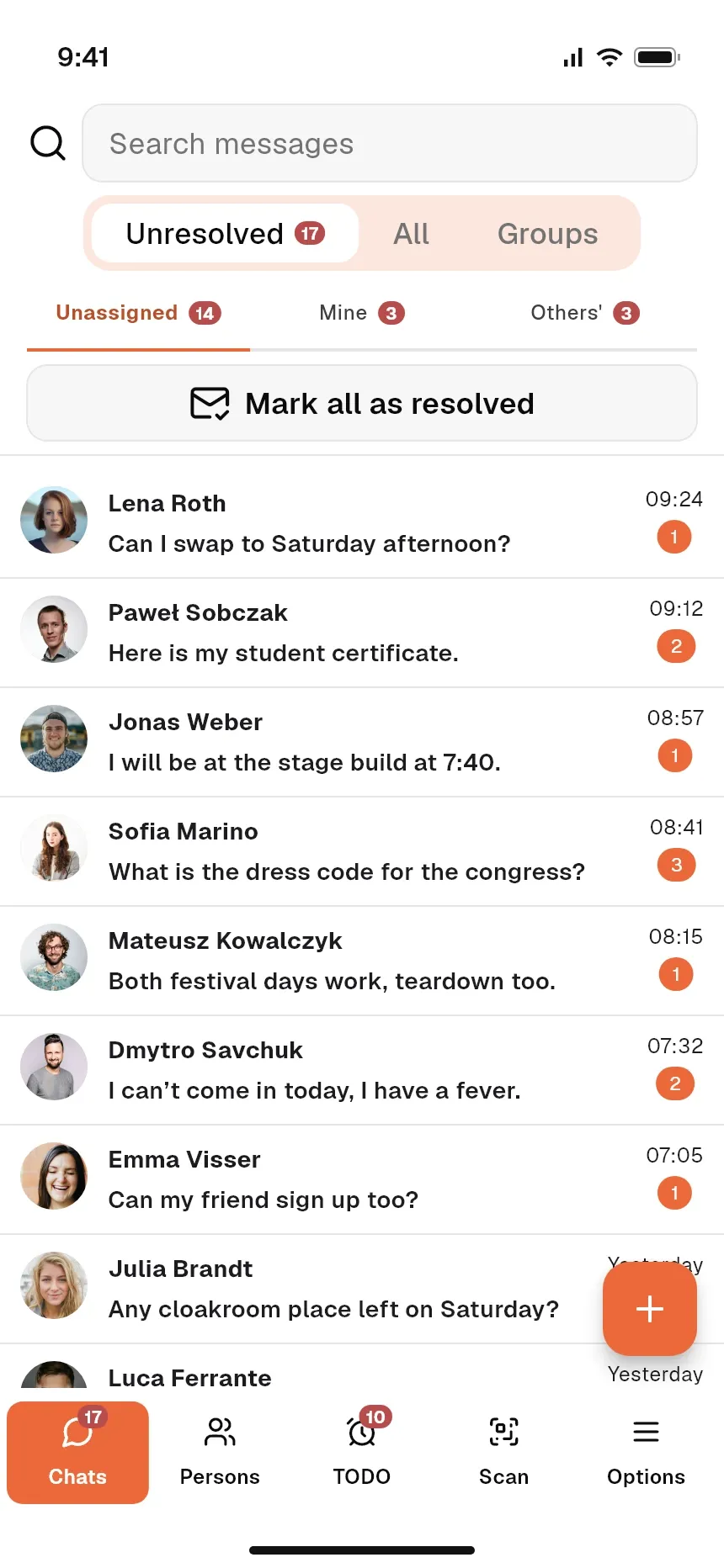 Chats with event staff in the coordinator mobile app