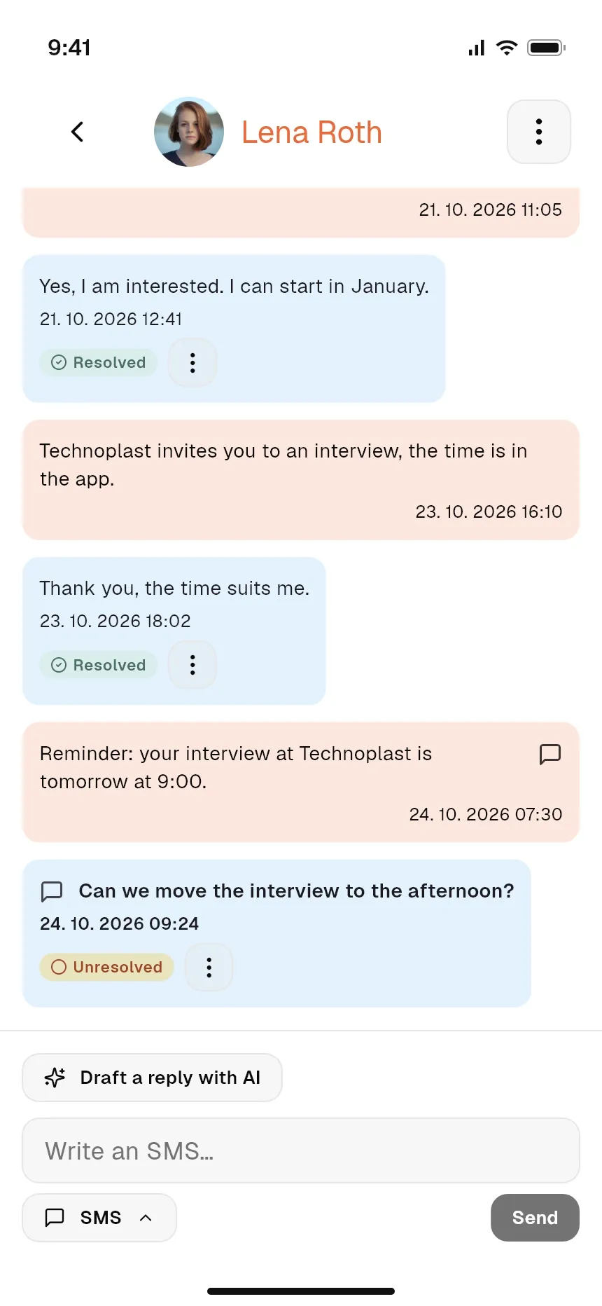 Conversation with a candidate in the mobile app