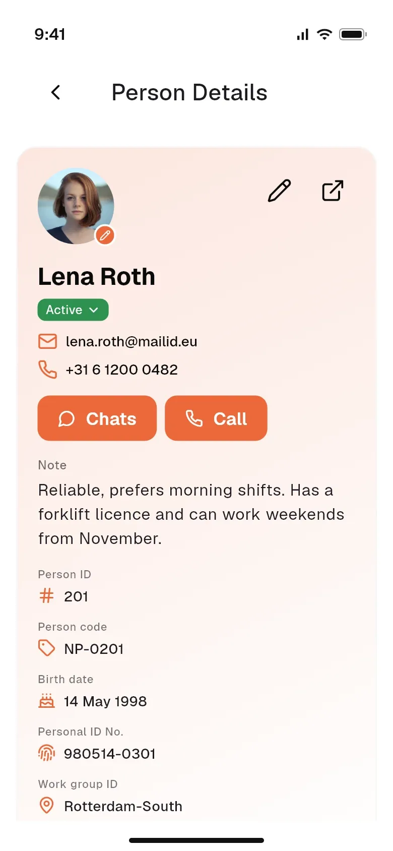 Worker record in the coordinator mobile app