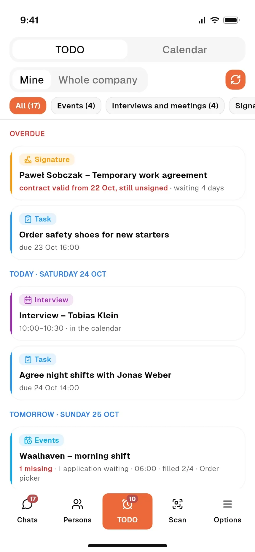 List of pending tasks: approvals, signatures, questionnaires and tests
