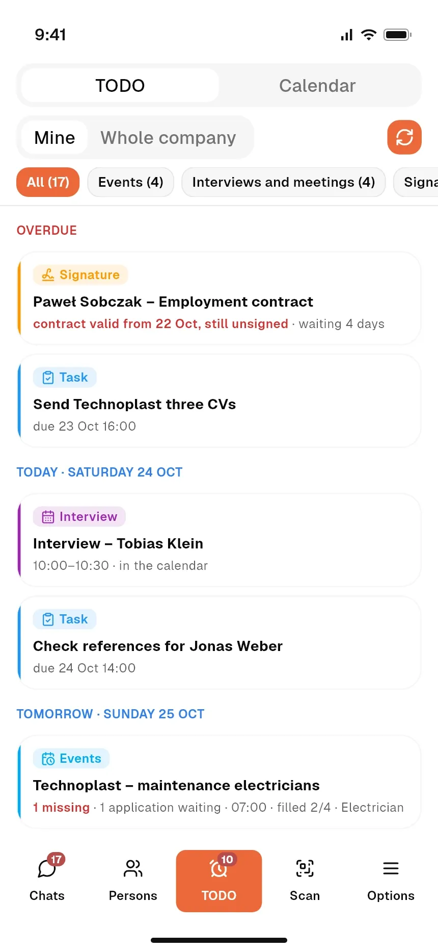 Pending tasks in the coordinator mobile app