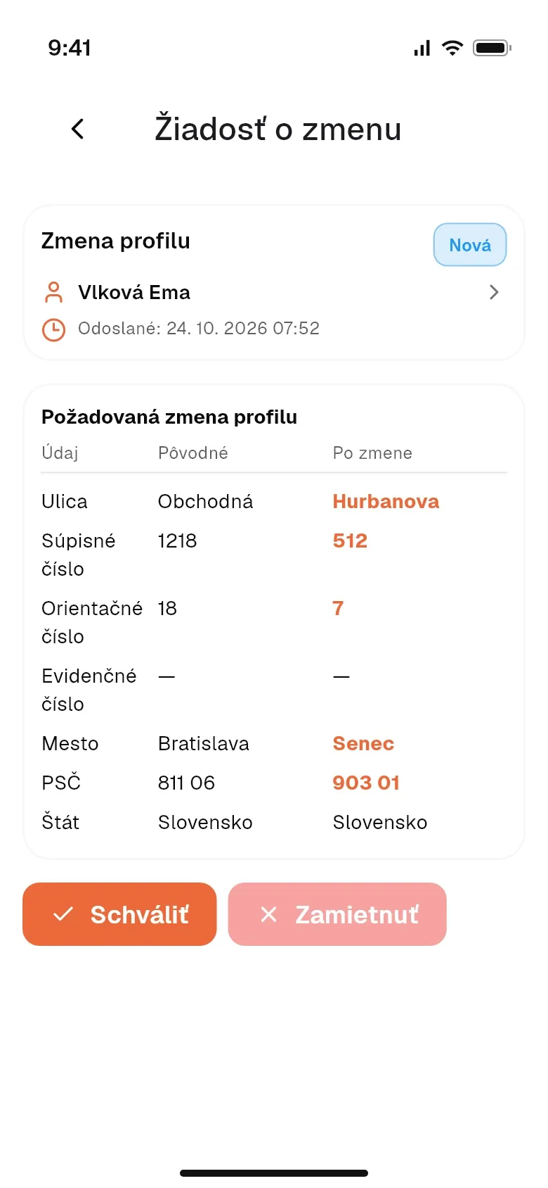 Žiadosť pracovníka o zmenu adresy so starou a novou hodnotou