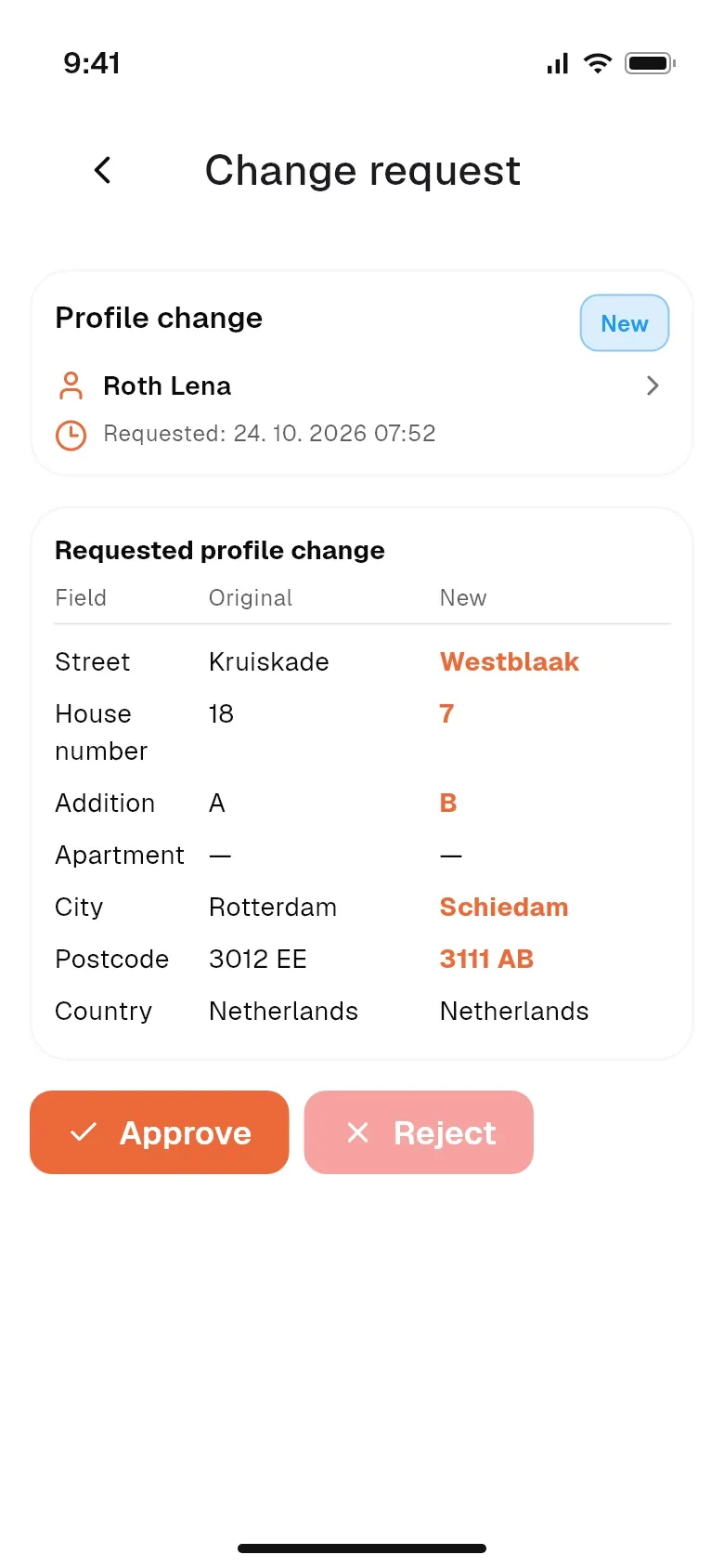 A worker’s request to change their address with the old and new value