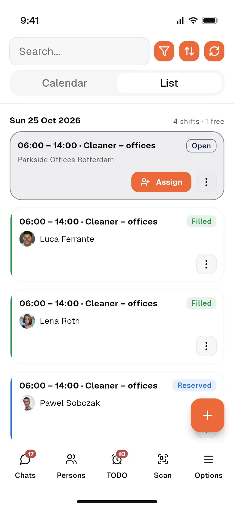 Site shifts in the coordinator mobile app