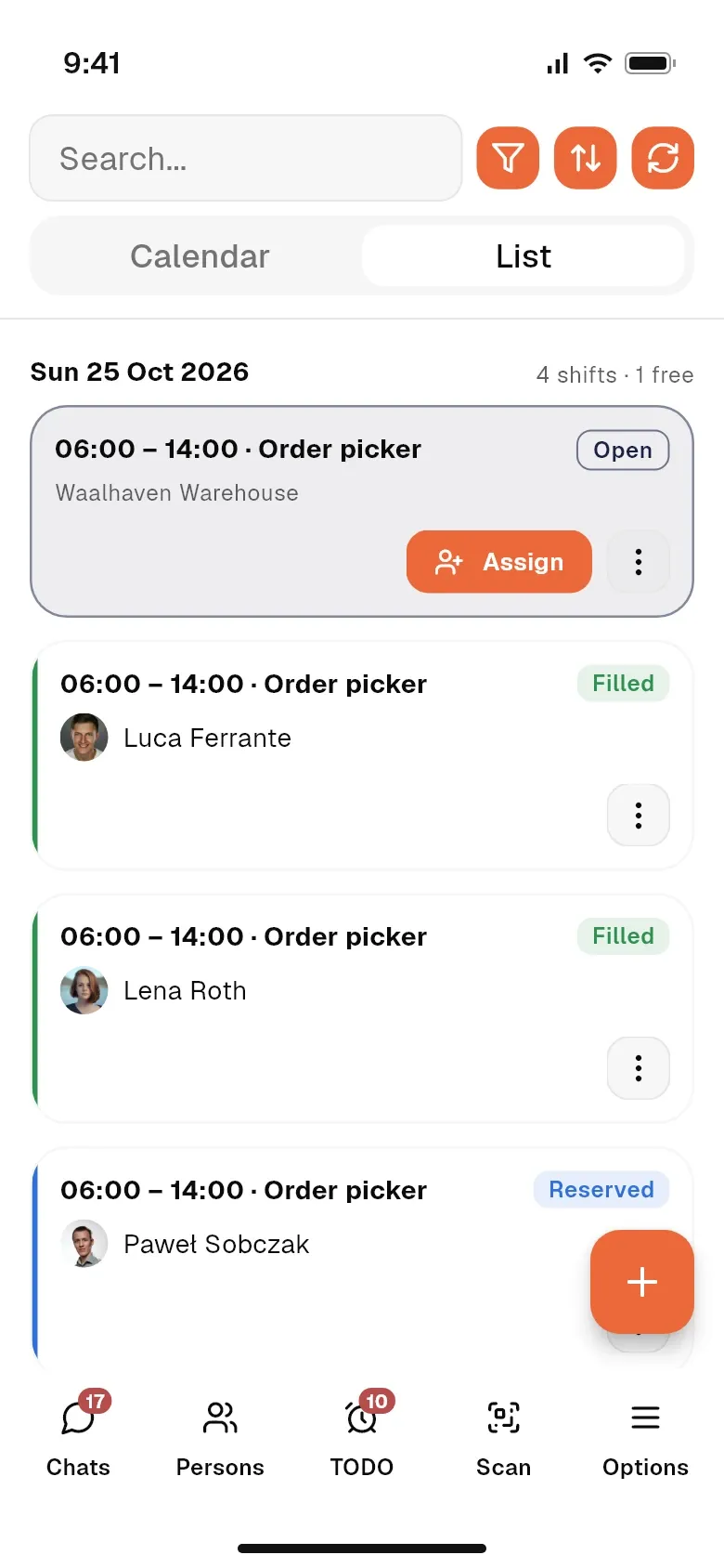 Shift list with filled, booked and open places
