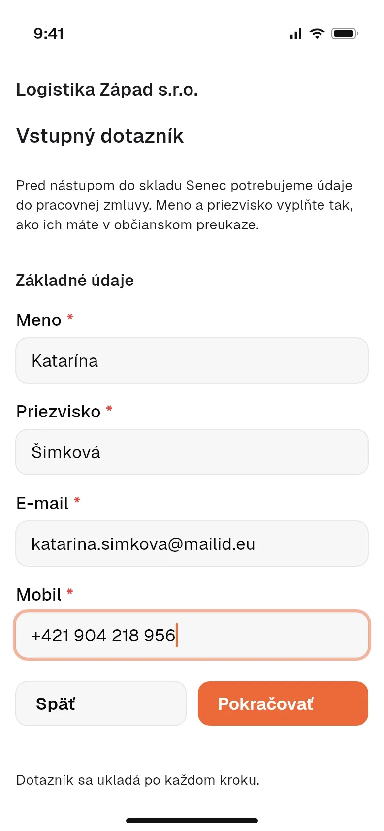 Vstupný dotazník vyplnený pracovníkom
