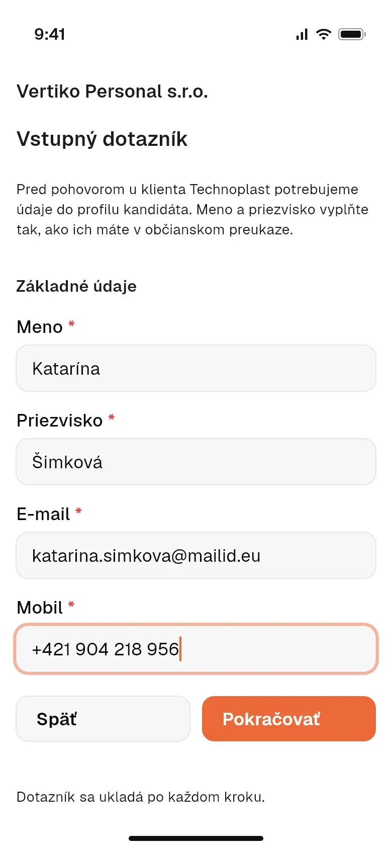 Dotazník uchádzača v telefóne