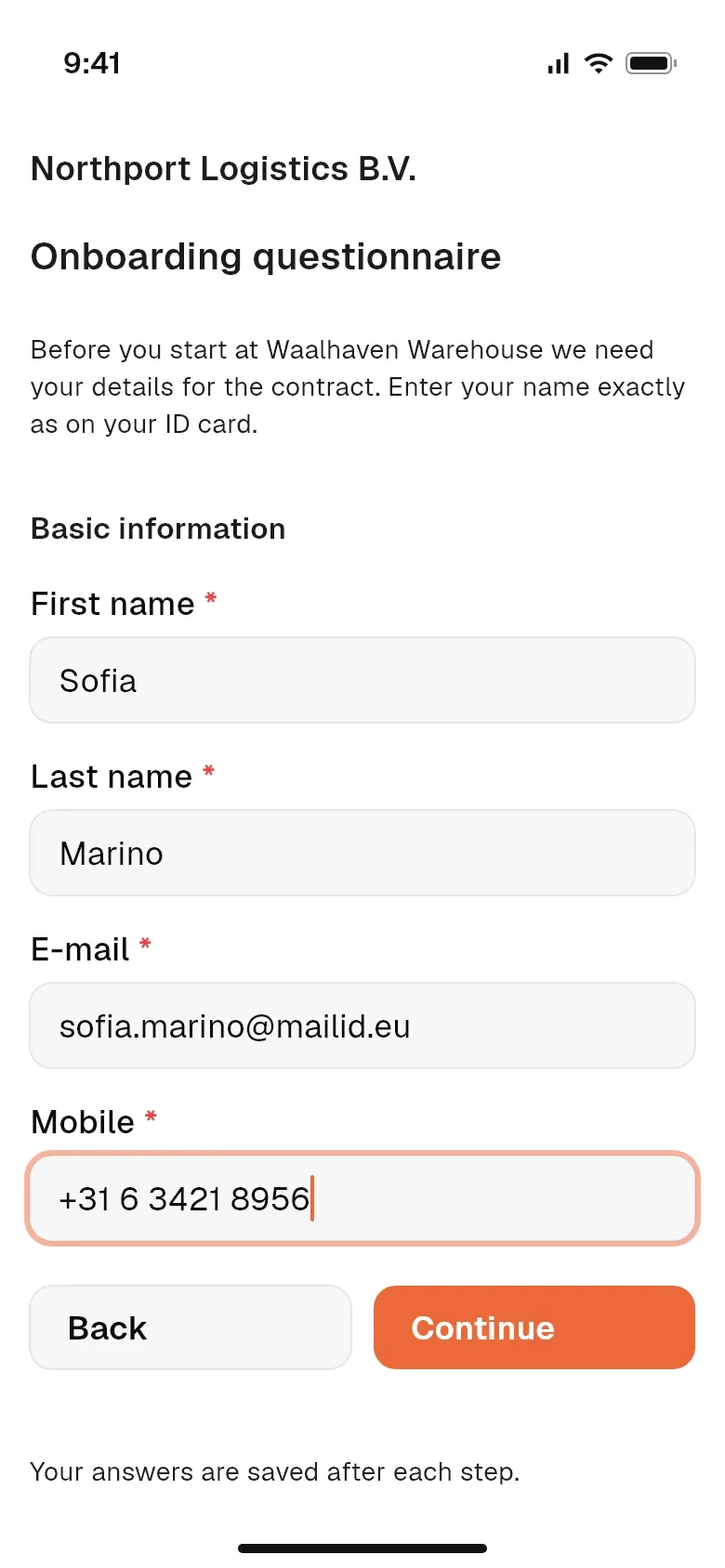 Onboarding questionnaire filled in by a worker