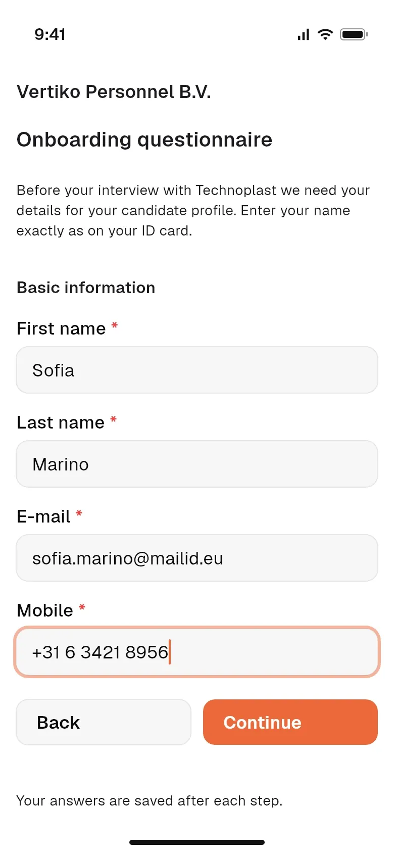 Candidate questionnaire on a phone
