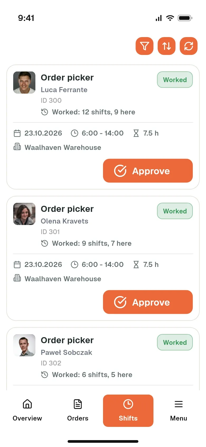 Worked shifts of temporary workers with an Approve button