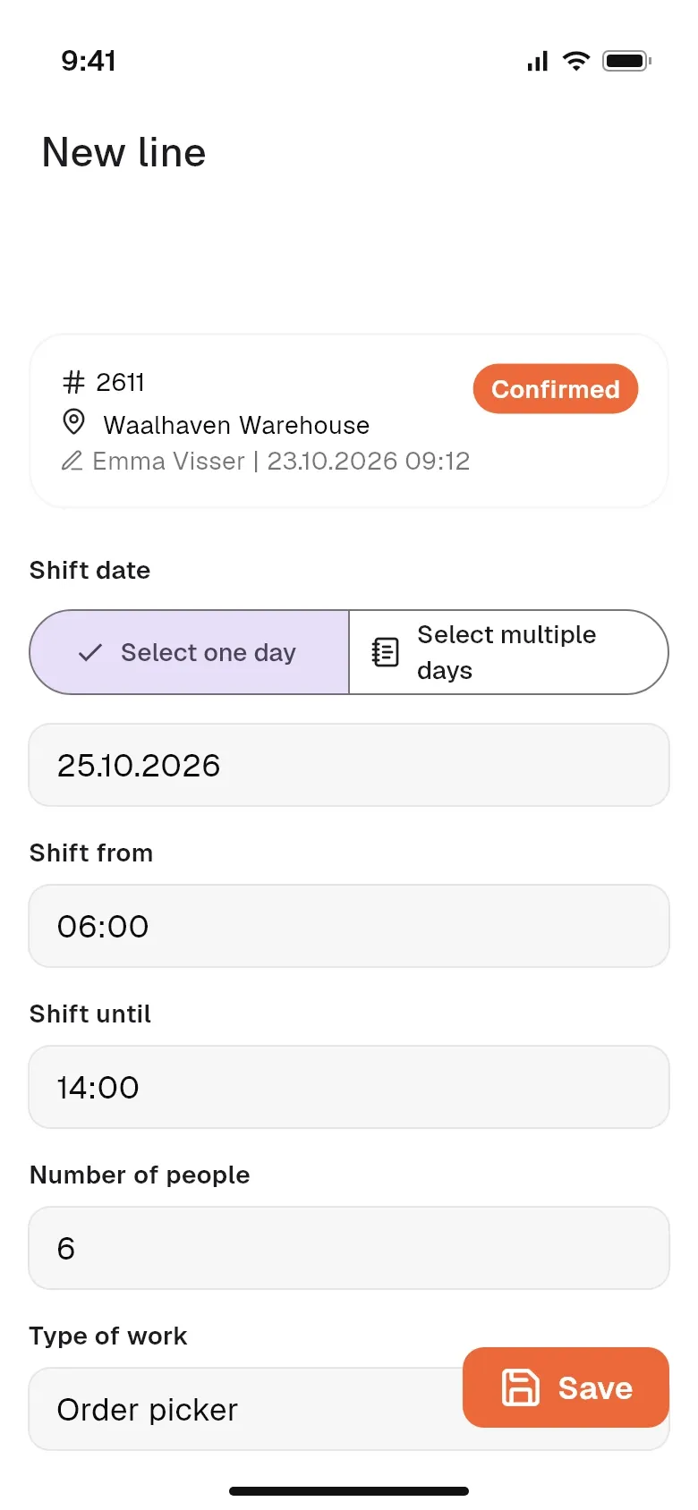New order form with date, time and number of people