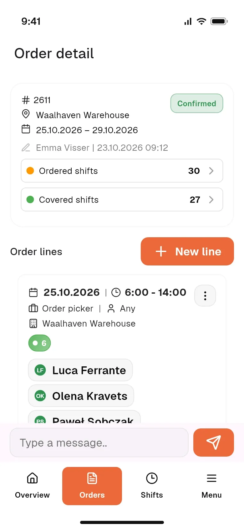 Order detail with lines and names of assigned temporary workers