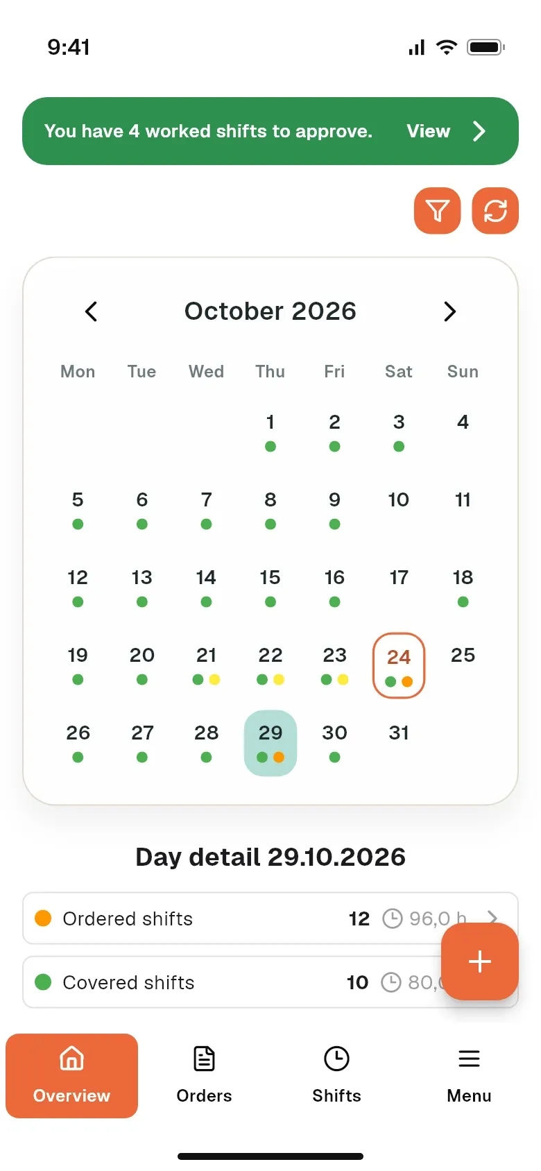 Shift coverage calendar with ordered and covered shifts