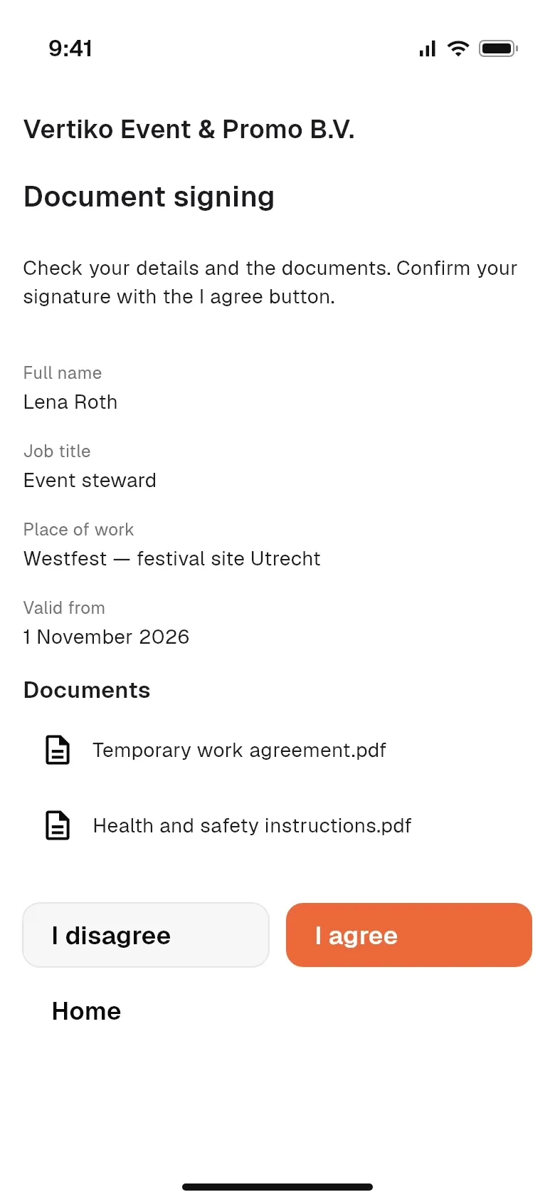 Signing a contract in the mobile app