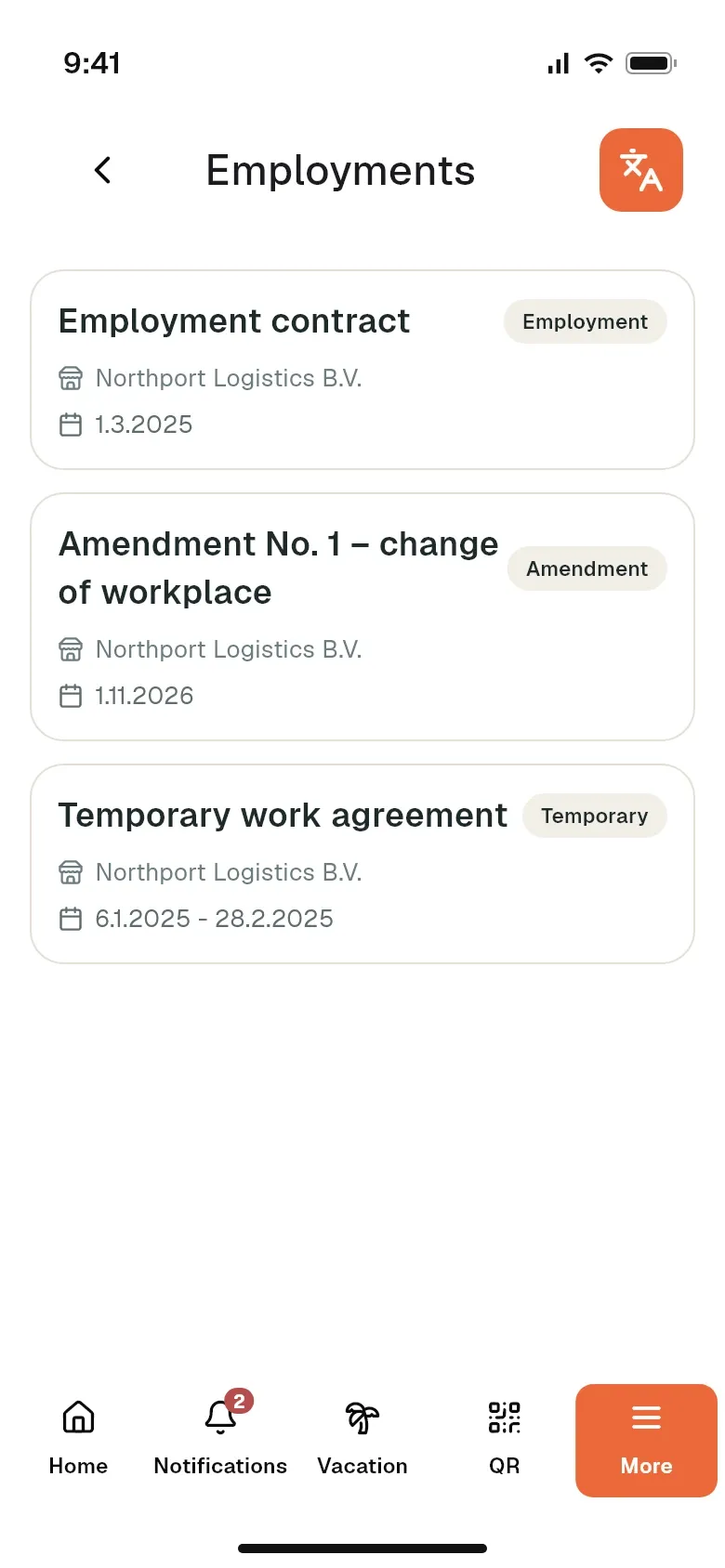 Overview of the employee’s employment contracts, addenda and agreements