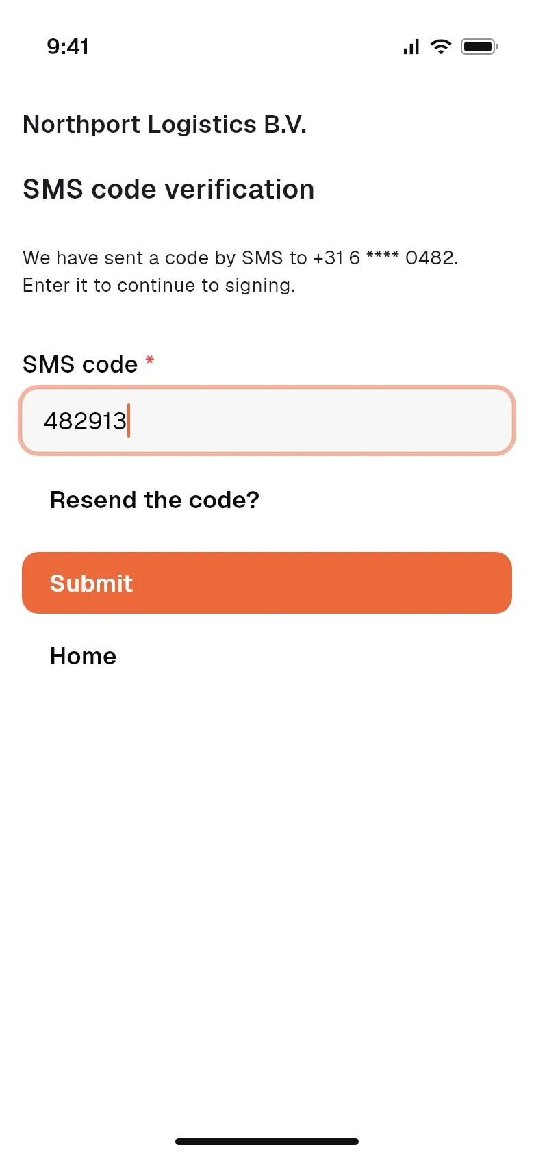 Entering the SMS code before signing a document