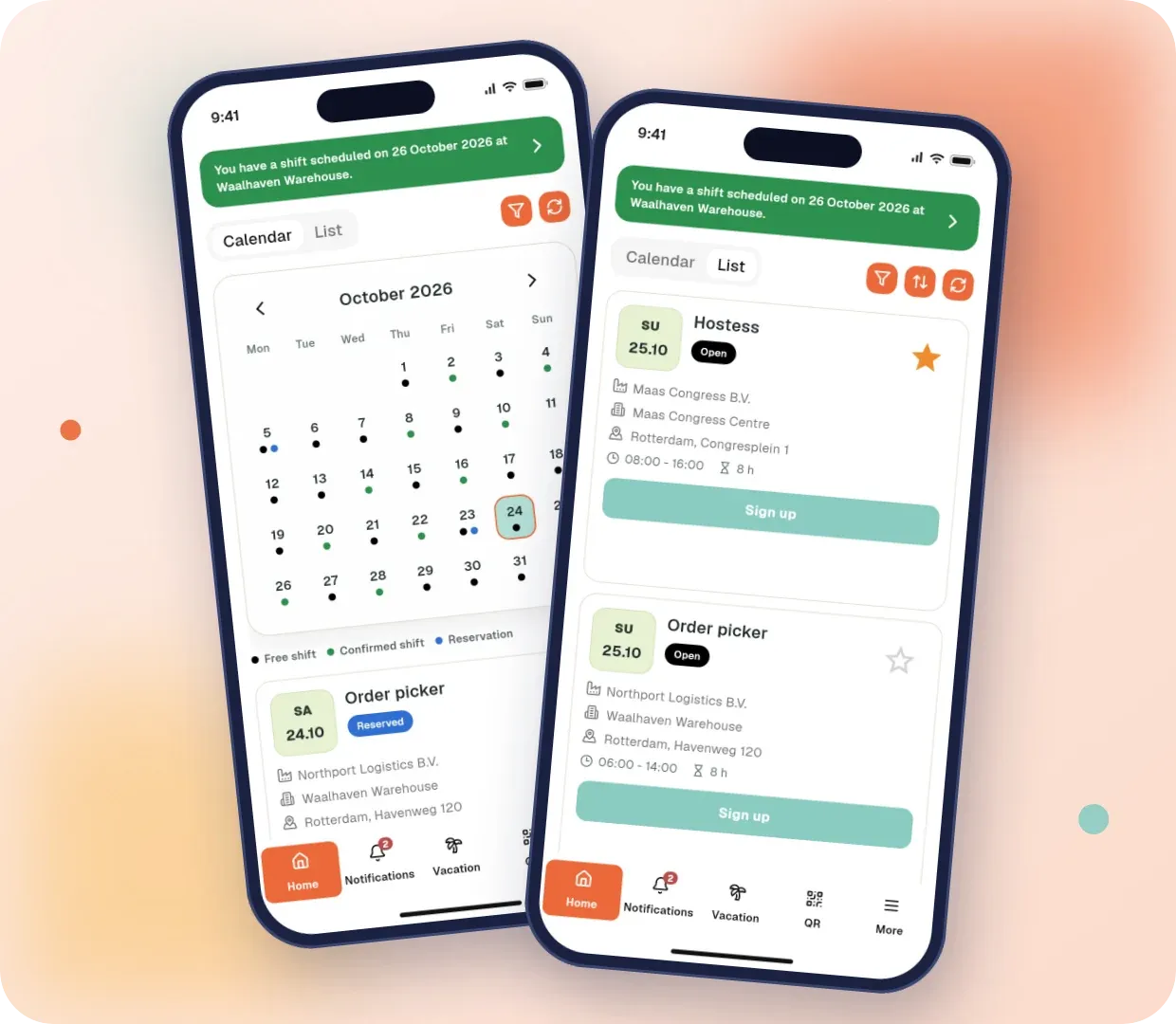 Shift calendar and open shift offers in the temporary worker mobile app