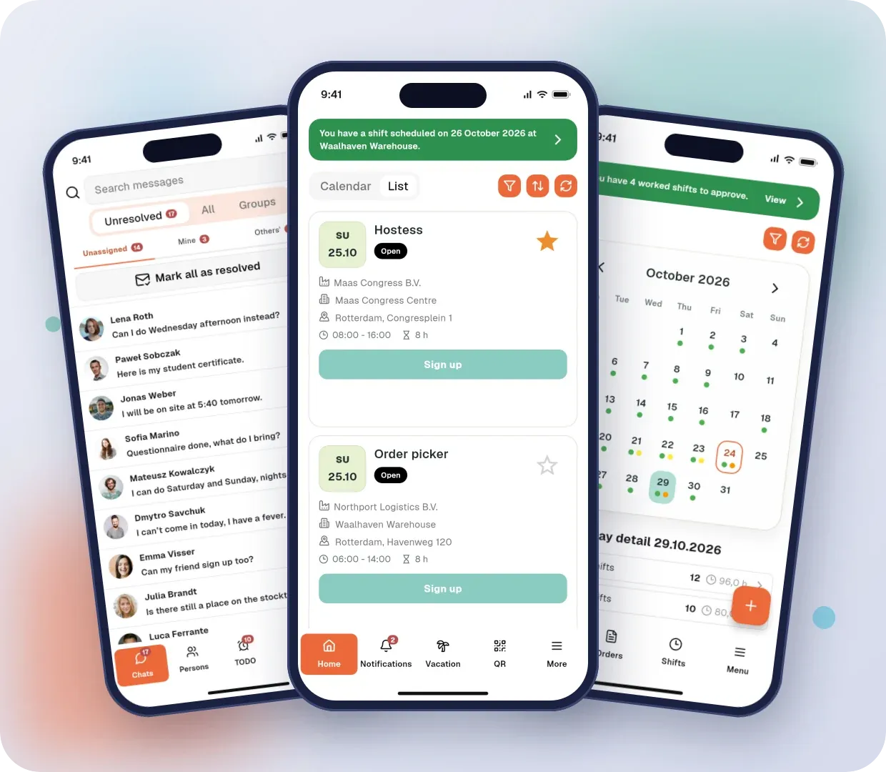 Stafio GO mobile app: coordinator chats, open shifts for a temporary worker and a client’s coverage overview