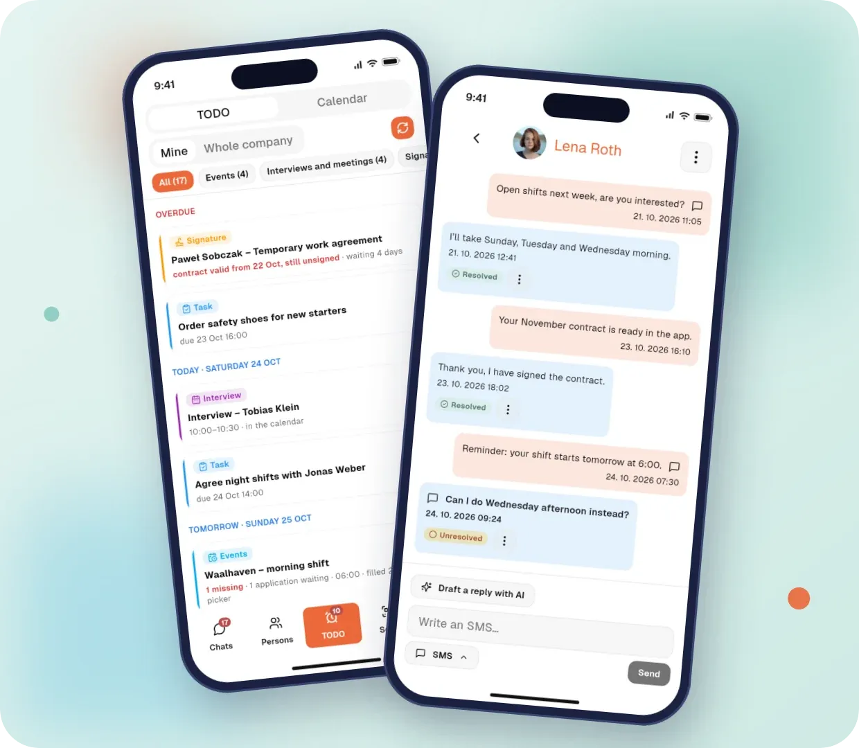 Pending tasks to approve and a conversation with a worker with a Stafio AI reply suggestion in the mobile app