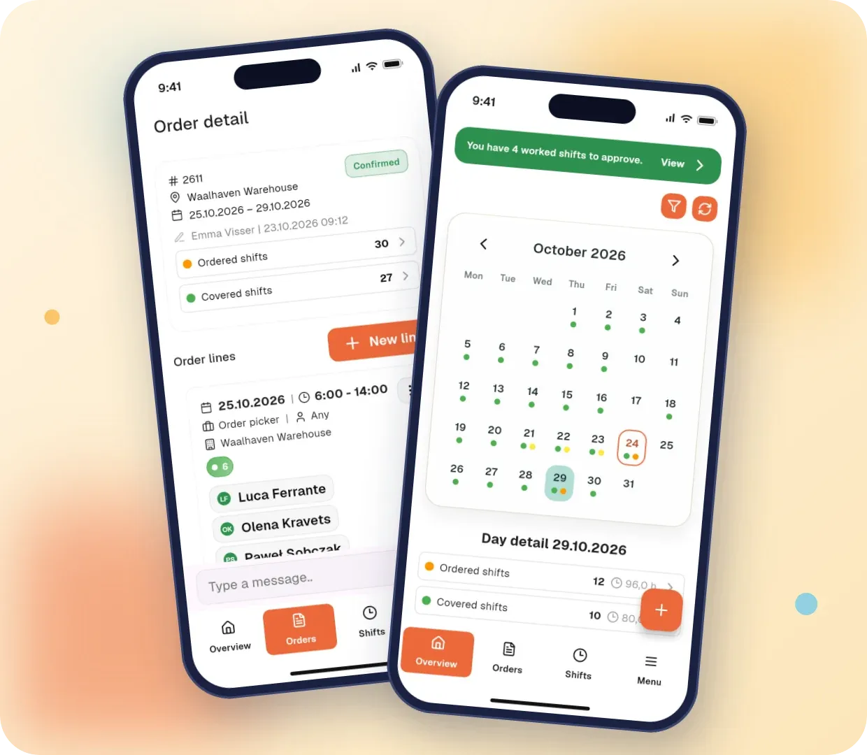 Order detail with assigned temporary workers and a shift coverage calendar in the client mobile app