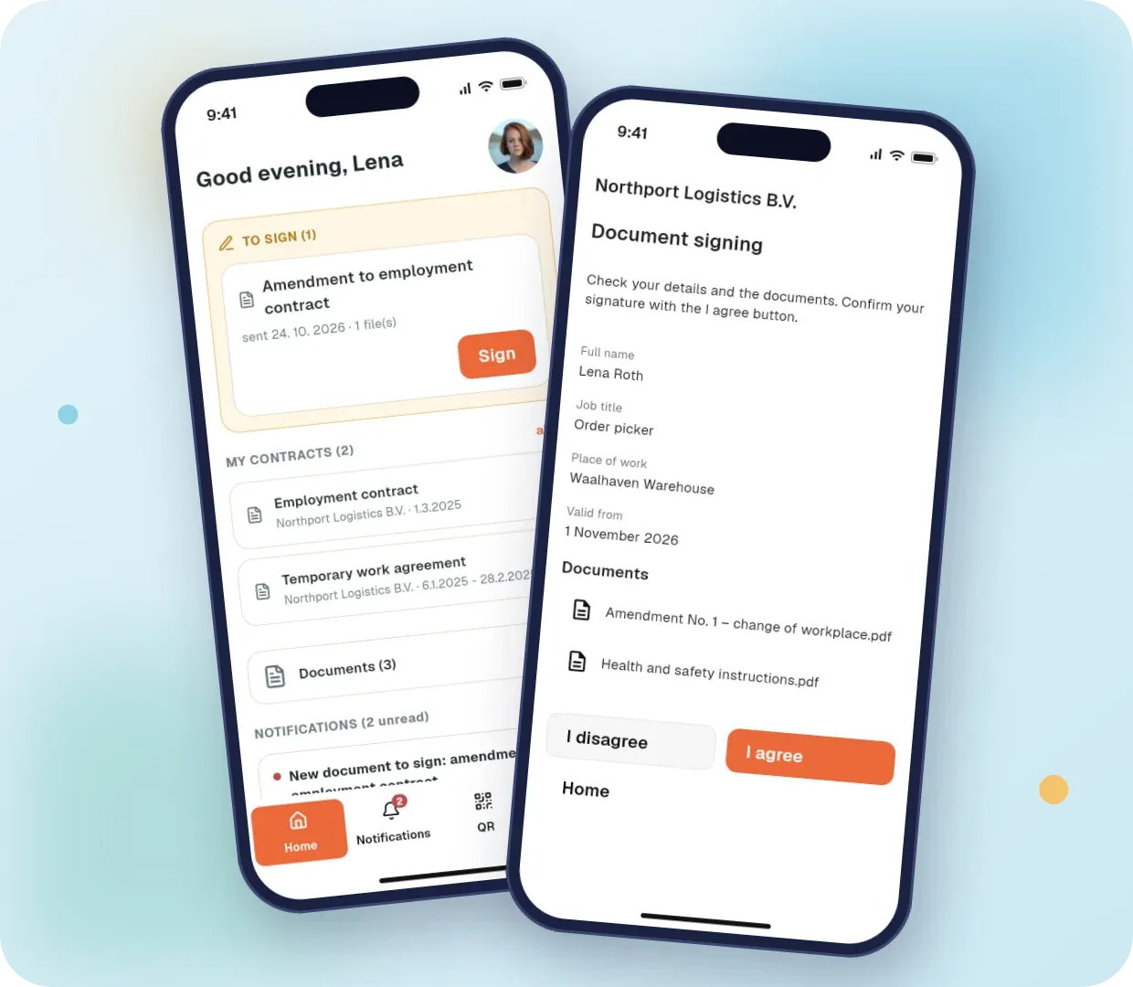 A document to sign, the employee’s contracts and signing an addendum in the mobile app