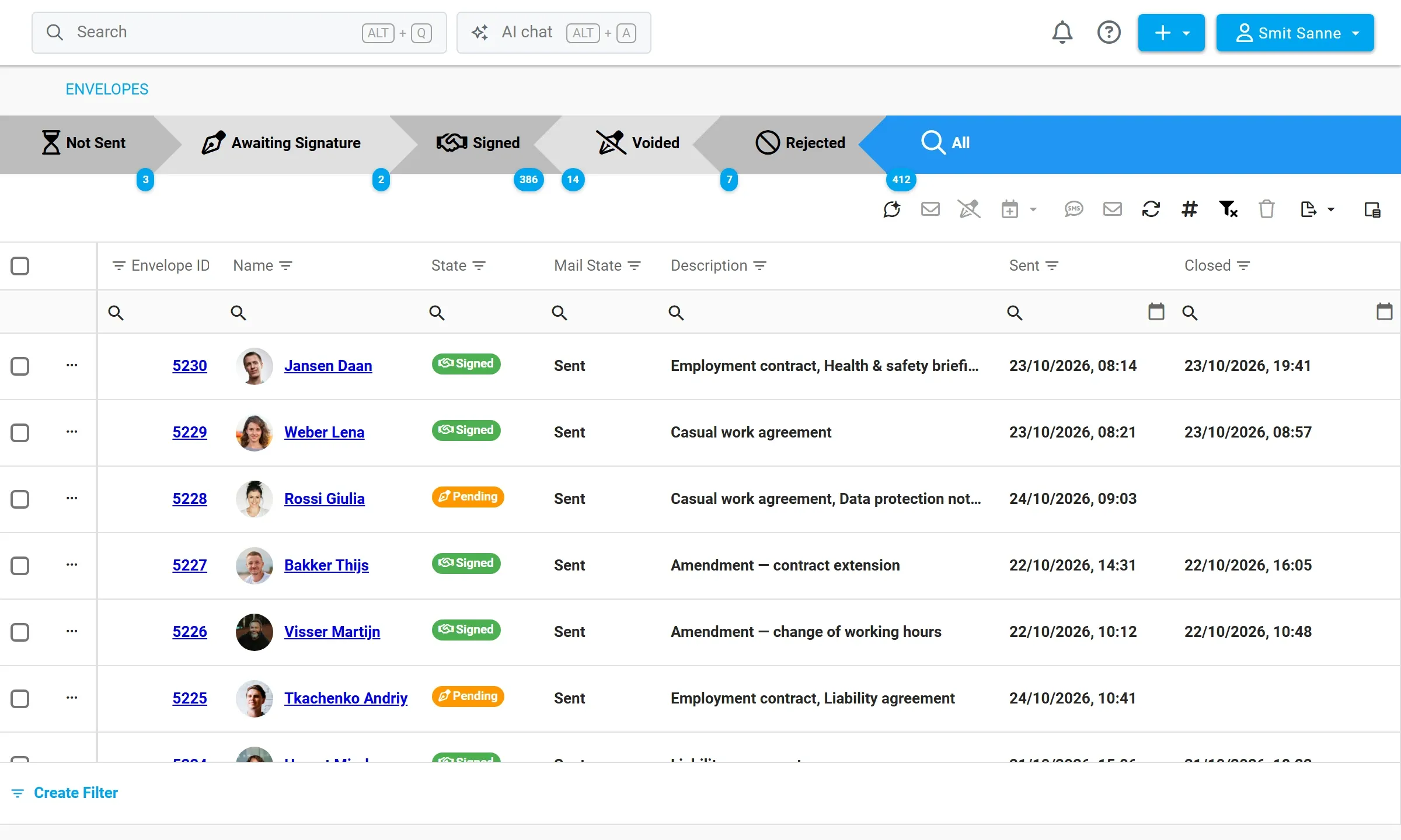 Overview of signing envelopes and their status in Stafio