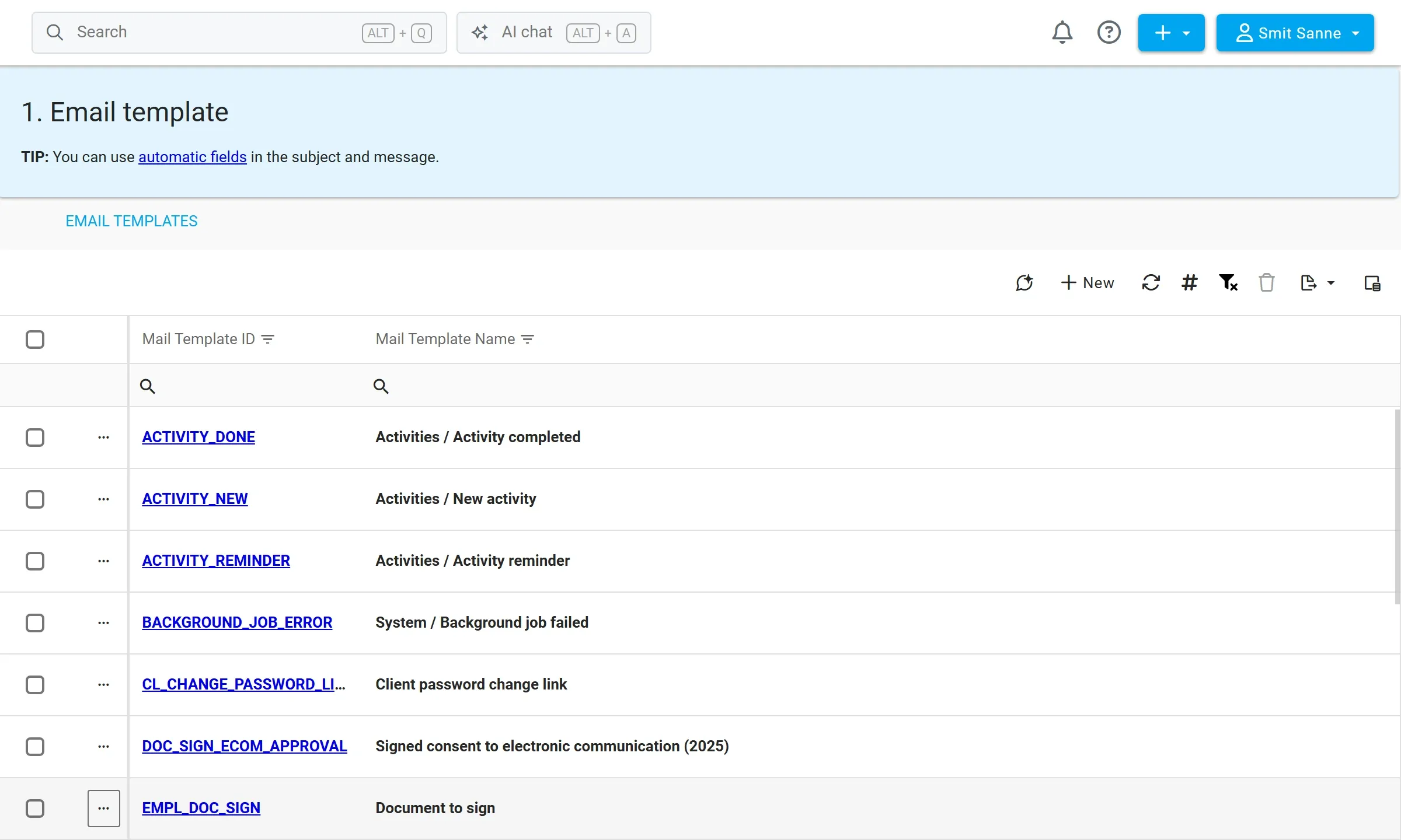 Templates of automated messages in Stafio