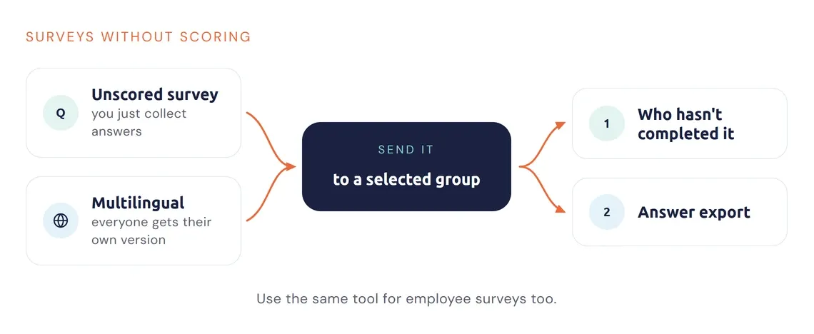 Diagram of an ungraded questionnaire from sending to exporting the answers