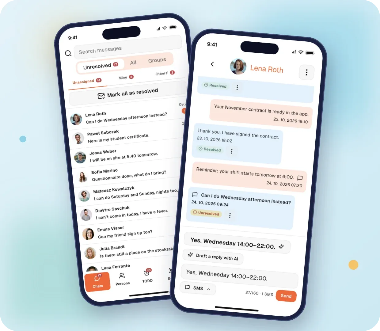 Overview of chats with workers and a conversation with an AI reply suggestion in the mobile app